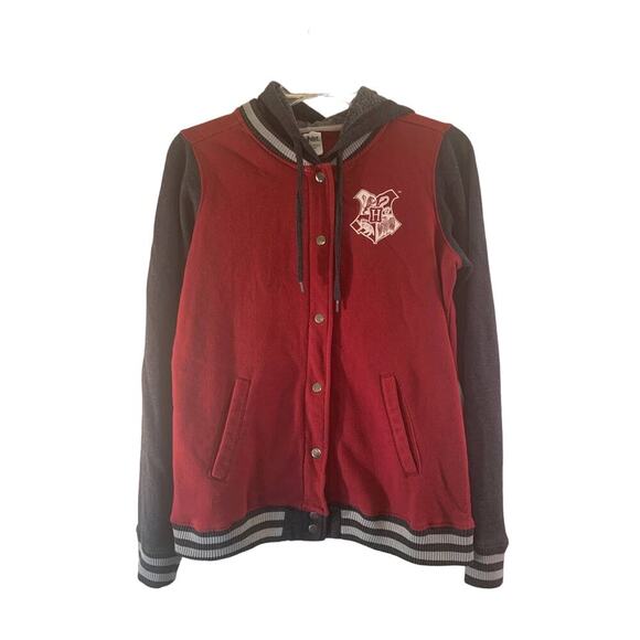 HARRY POTTER Unisex Adult Hogwarts Letterman Snap Hoodie Jacket / Size: Small - Picture 1 of 9